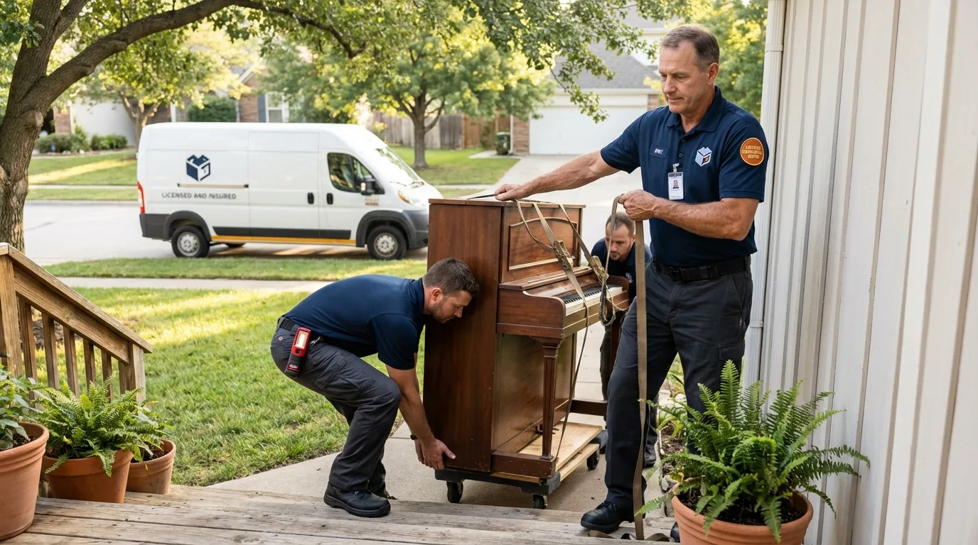 Licensed piano movers securing grand piano in Hartford, MI