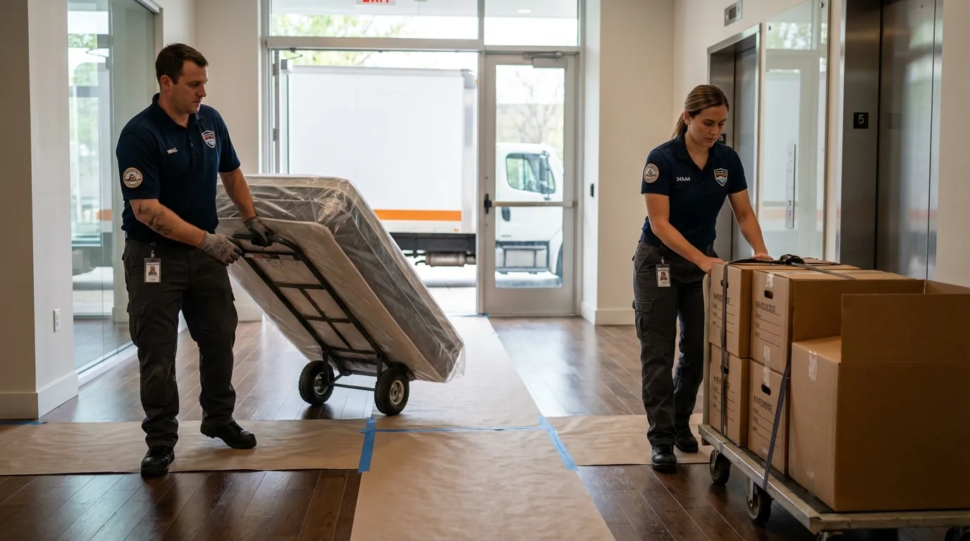 Professional apartment movers loading elevator in Hartford, MI