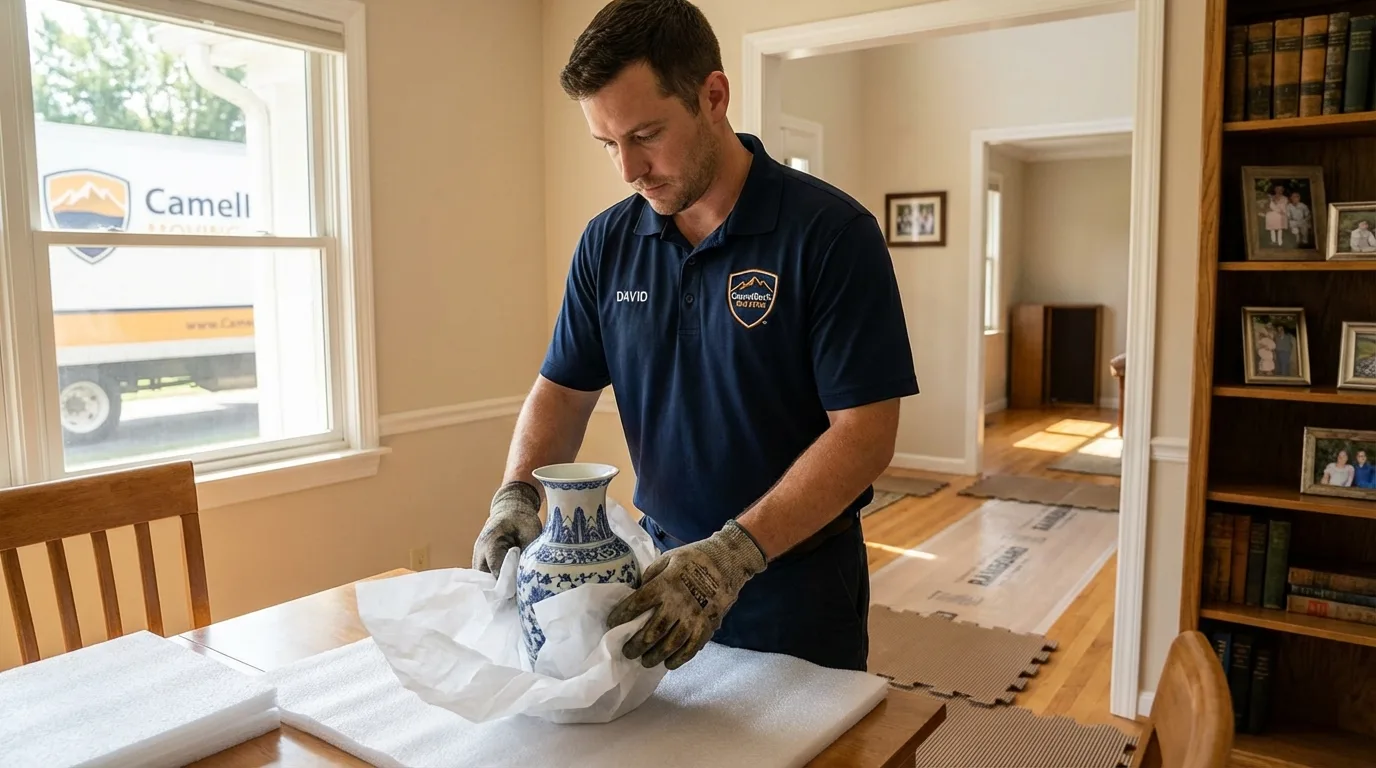 Professional crew carefully wrapping antique vase for senior downsizing move in Hartford, MI